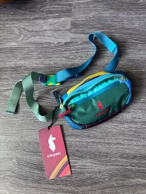 Cotopaxi Del Día Waist Pack in Teal, Blue, Green, Yellow